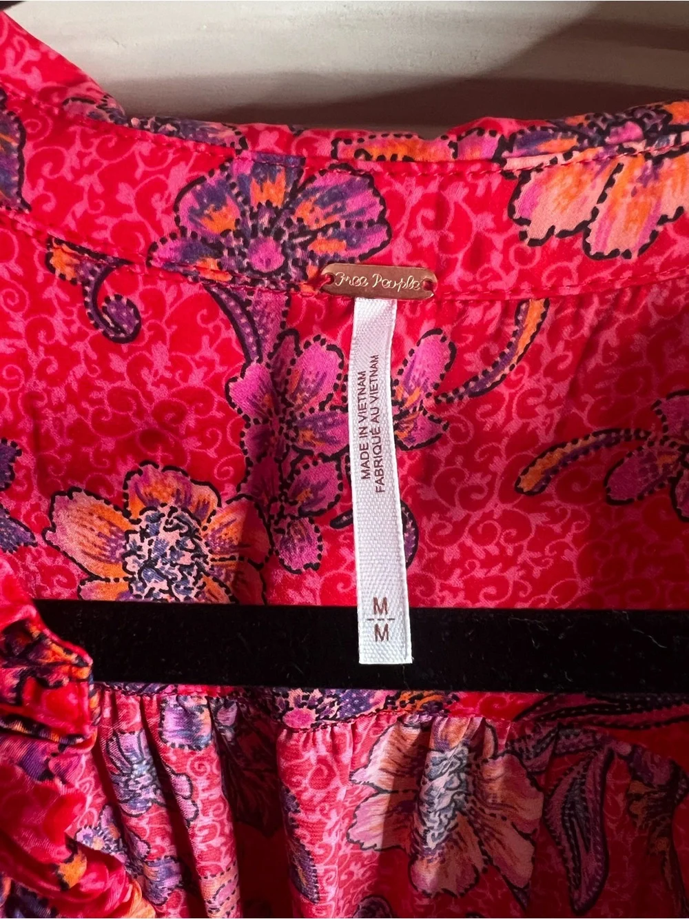 Free People Red Floral Ruched Long-Sleeve Blouse
